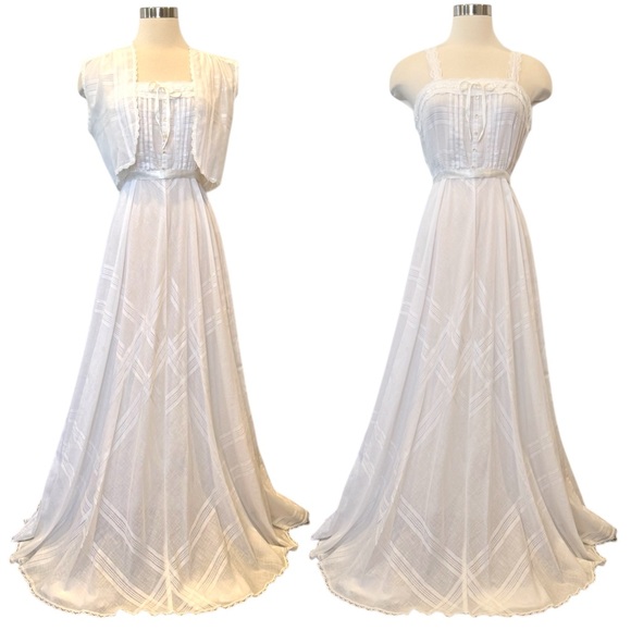 Vintage Dresses & Skirts - Jodi T Vintage Prairie Peasant White 70s Maxi Gown Long Dress Vest Shrug 2Pc Set